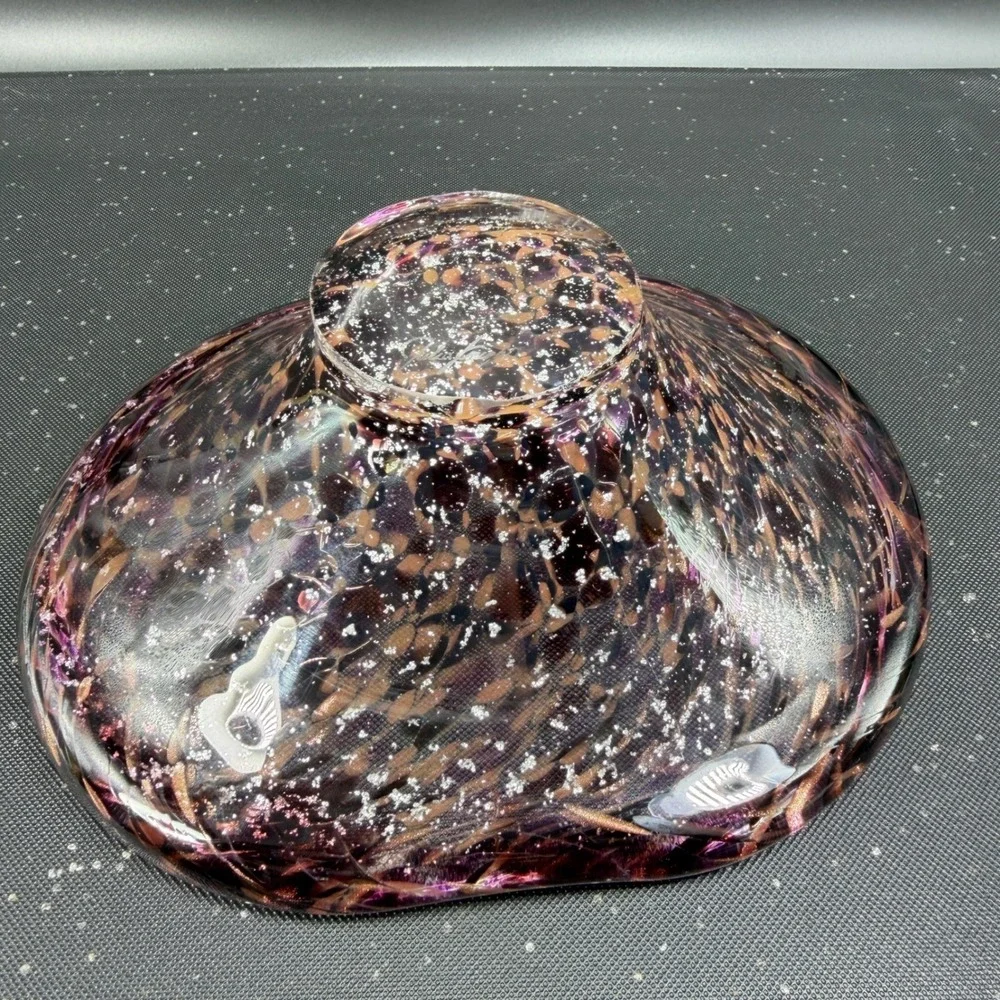 Julia Knight Hand Blown Italy Art Glass Bowl Dish Purple Amber‎ Silver Confetti